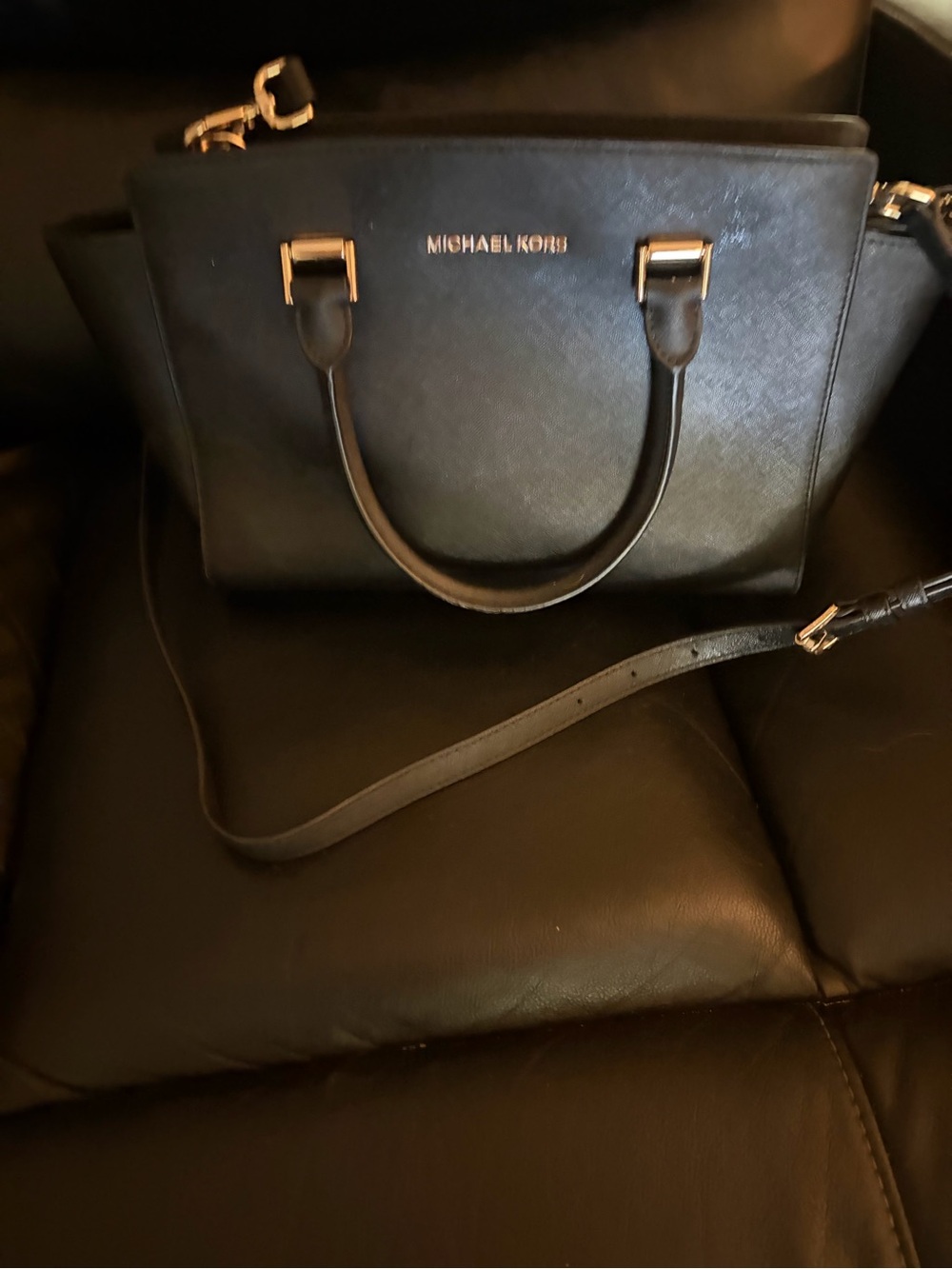 MICHAEL KORS Black Saffiano Leather Satchel with Gold Hardware and Strap